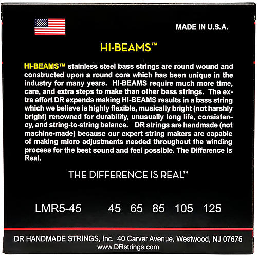 DR Strings Hi-Beams Stainless Steel 5-String Bass Strings X-Long Scale (45-65-85-105-125) - musicians--Friend