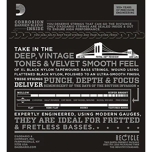 D'Addario ETB92S Black Nylon Tapewound Short Scale Bass Strings