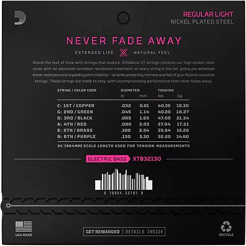 D'Addario XT Nickel-Plated Steel Bass Strings, Light, 6-String, 32-130