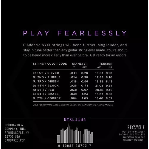 D'Addario NYXL1164 7-String Medium Nickel Wound Electric Guitar Strings (11-64)