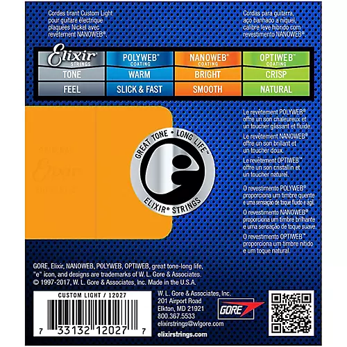 Elixir Electric Guitar Strings with NANOWEB Coating, Custom Light (.009-.046)