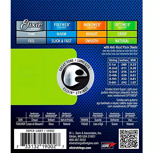 Elixir Electric Guitar Strings With OPTIWEB Coating, Super Light (.009-.042)