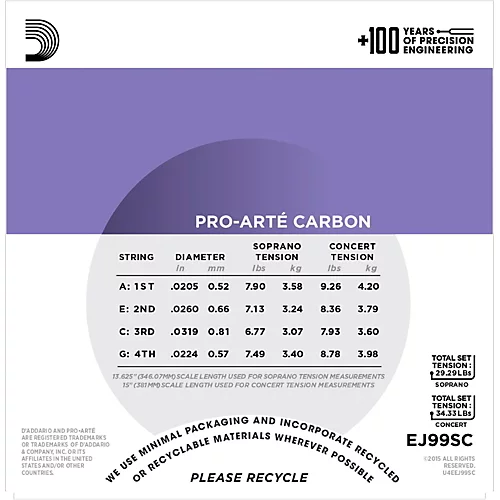 D'Addario EJ99SC Pro-Arte Carbon Soprano/Concert Ukulele Strings