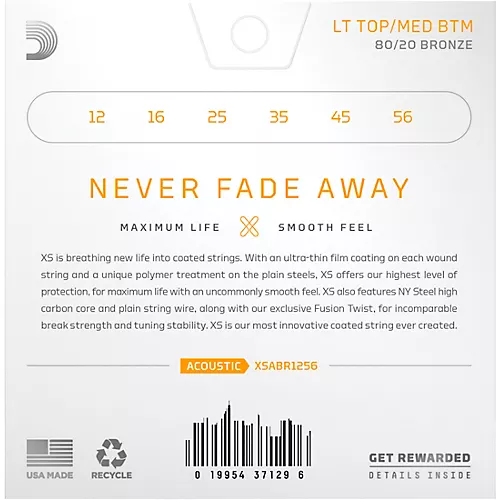 D'Addario XS Acoustic 80/20 Bronze Coated Guitar Strings Light Top/Medium Bottom (12-56)