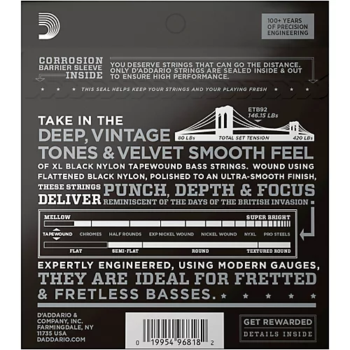 D'Addario ETB92 Nylon Tapewound Medium Gauge Bass Strings
