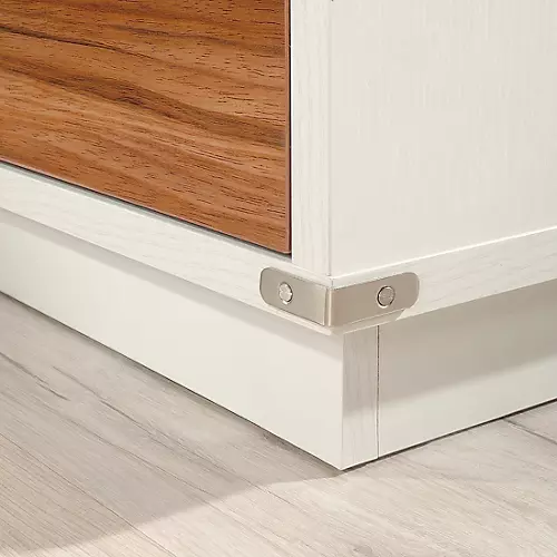 SAUDER WOODWORKING CO. L-Shaped Home Office Workstation for Recording and Content Creation Pearl White/Blaze Acacia