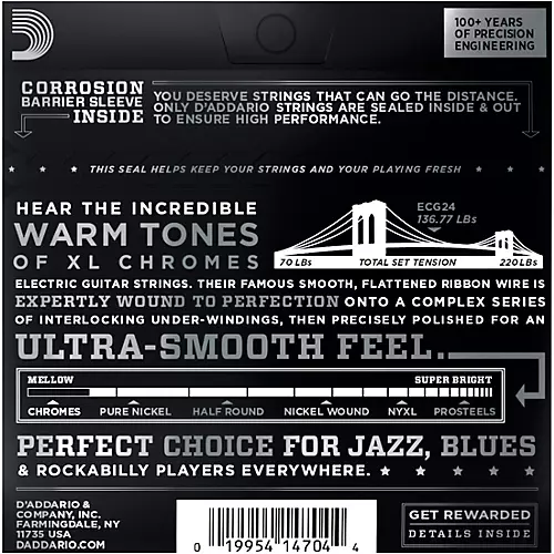 D'Addario XL Chromes Jazz Light Electric Guitar Strings ECG24 Flatwound