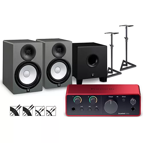 Focusrite Scarlett Solo Gen 4 with Yamaha HS Studio Monitor Pair & HS8S Subwoofer Bundle (Stands & Cables Included) HS8
