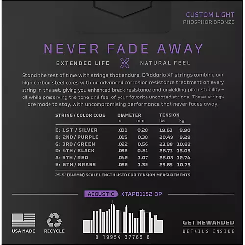 D'Addario XT Phosphor Bronze Coated Acoustic Guitar Strings 3-Pack 11 - 52