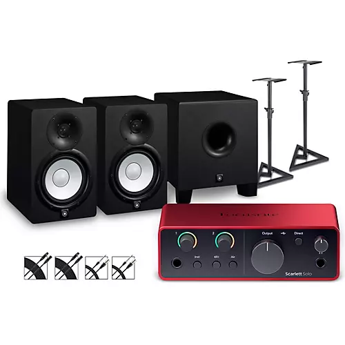 Focusrite Scarlett Solo Gen 4 with Yamaha HS Studio Monitor Pair & HS8S Subwoofer Bundle (Stands & Cables Included) HS8