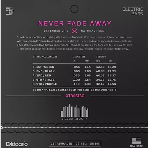 D'Addario XT Nickel Plated Steel Electric Bass Strings, 5-String Long Scale, Light, 45-130