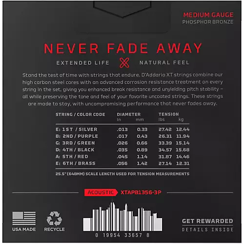 D'Addario XT Phosphor Bronze Acoustic Guitar Strings, Medium, 13-56, 3-Pack