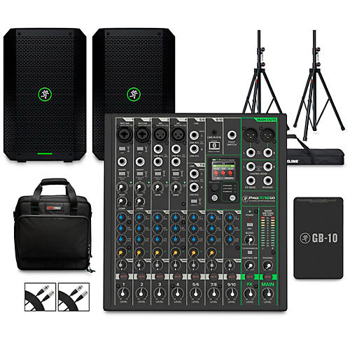 Mackie ProFX10GO Battery-Powered Mixer Bundle With Thump GO Speakers, Extra Battery, Stands, Cables and Mixer Bag