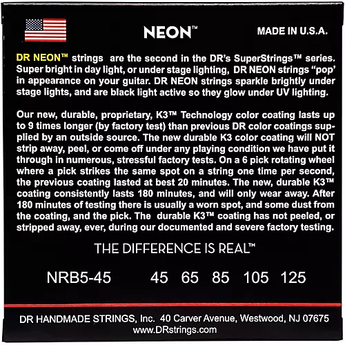 DR Strings Hi-Def NEON Red Coated Medium 5-String (45-125) Bass Guitar Strings