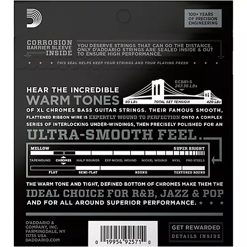 D'Addario ECB81-5 Chromes XL Flatwound Bass Strings - Light Gauge