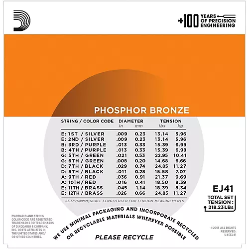 D'Addario EJ41 12-String Phosphor Bronze Extra Light Acoustic Guitar Strings