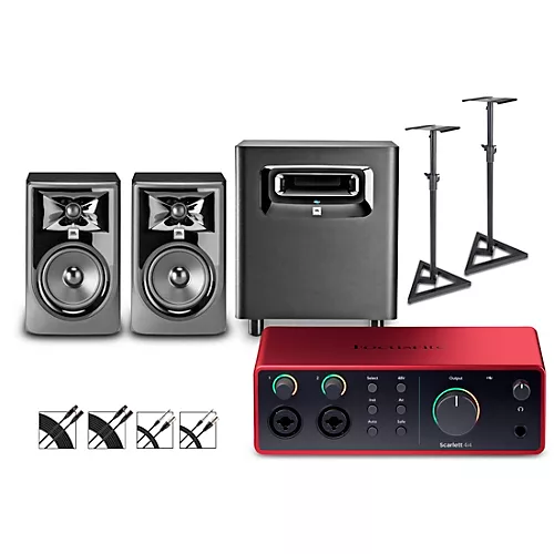 Focusrite Scarlett 4i4 Gen 4 with JBL 3 Series Studio Monitor Pair & LSR Subwoofer Bundle (Stands & Cables Included) 305MKII