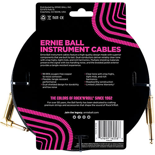 Ernie Ball 25 FT Straight to Angle Instrument Cable Black/Black