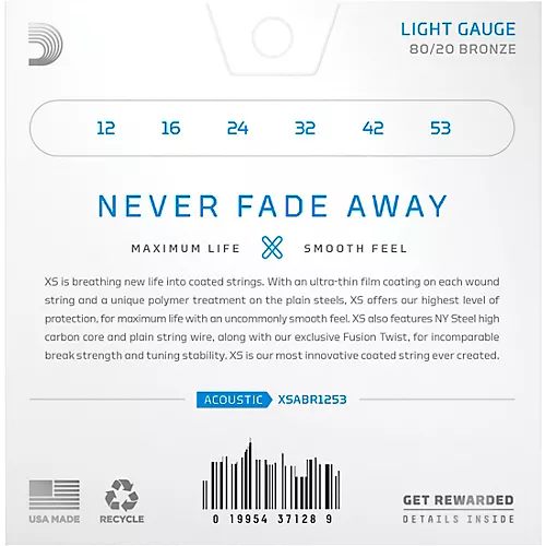 D'Addario XS Acoustic 80/20 Bronze Coated Guitar Strings Light Top/Medium Bottom (12-56)