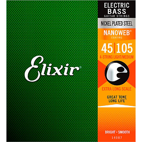 Elixir Nickel-Plated Steel 4-String Bass Strings with NANOWEB Coating, Extra Long Scale, Light/Medium (.045-.105)