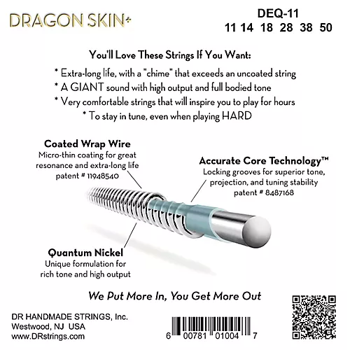 DR Strings Dragon Skin+ Coated Accurate Core Technology 6-String Nickel Electric Guitar Strings 10 - 52