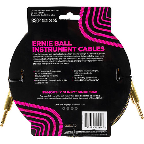 Ernie Ball Braided Instrument Cable Straight/Straight 18 ft. Pay Dirt