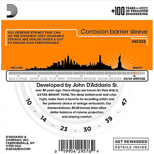 D'Addario EJ10-3D 80/20 Bronze Extra Light Acoustic Guitar Strings - 3 Sets 10 - 47