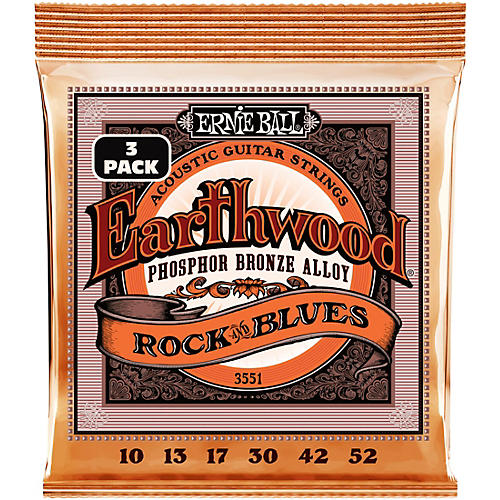 Ernie Ball Earthwood Rock and Blues Phosphor Bronze Acoustic Guitar Strings 3 Pack 10 - 52