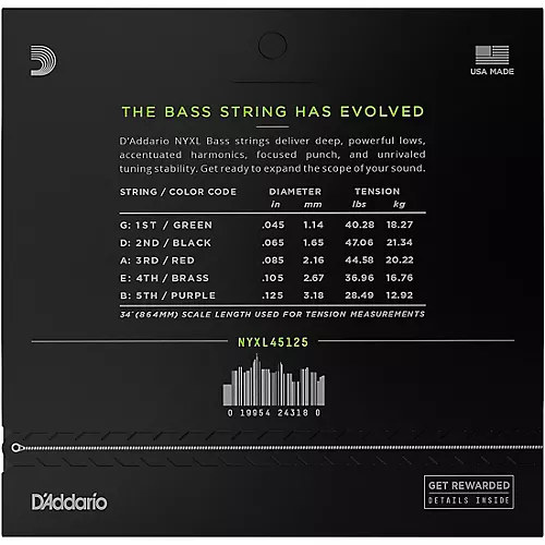 D'Addario NYXL Light Top/Medium Bottom Long Scale 5-String Bass Strings 45-125 45 - 125