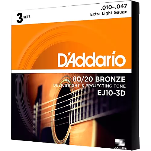 D'Addario EJ10-3D 80/20 Bronze Extra Light Acoustic Guitar Strings - 3 Sets 10 - 47