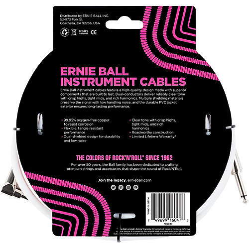 Ernie Ball Straight-Angle Instrument Cable - White 10 ft.