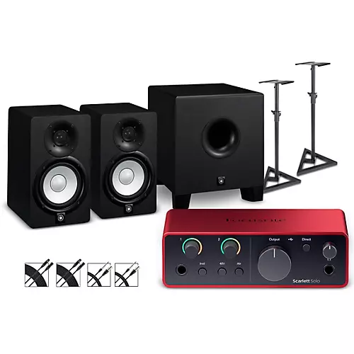 Focusrite Scarlett Solo Gen 4 with Yamaha HS Studio Monitor Pair & HS8S Subwoofer Bundle (Stands & Cables Included) HS8