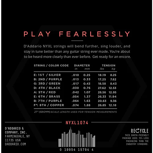D'Addario NYXL1074 8-String Light Top/Heavy Bottom Nickel Wound Electric Guitar Strings (10-74)