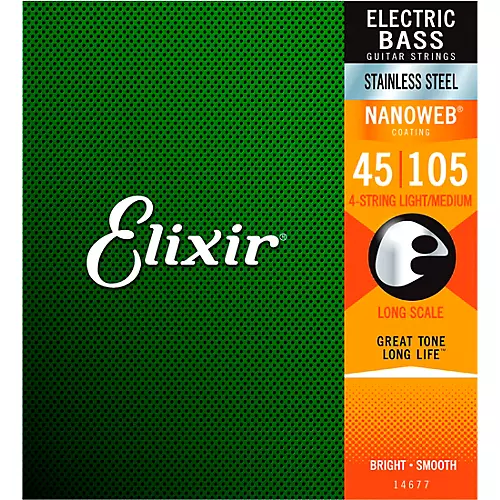 Elixir Stainless Steel 4-String Bass Strings with NANOWEB Coating, Long Scale, Light/Medium (.045-.105)