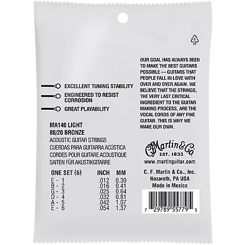 Martin MA140 SP 80/20 Bronze Light Authentic Acoustic Guitar Strings