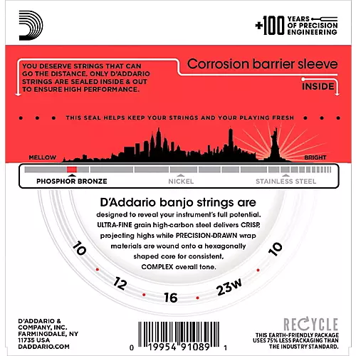 D'Addario EJ55 Phosphor Bronze Medium 5-String Banjo Strings (10-23)