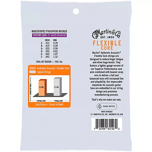 Martin Authentic Acoustic Flexible Core Guitar Strings 3-Pack Light (12-54)