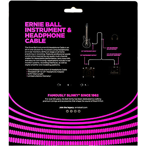 Ernie Ball Instrument and Headphone Cable 18 ft. Black