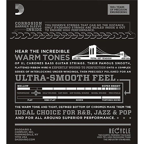 D'Addario ECB84 Chromes Flat Wound Custom Light Long Scale Electric Bass Strings