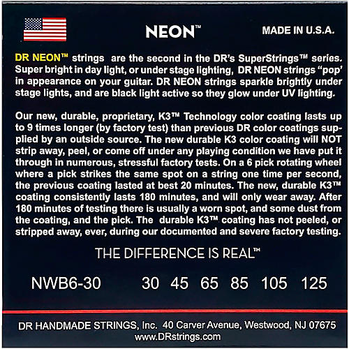 DR Strings Hi-Def NEON White Coated Medium 6-String Bass Strings