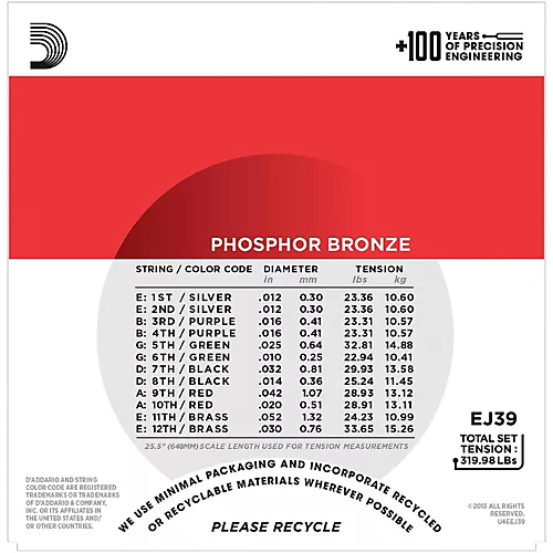 D'Addario EJ39 PB Medium 12-String Acoustic Guitar String Set