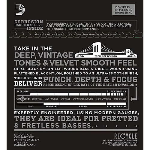 D'Addario ETB92-5 Medium Black Nylon Tapewound 5-String Bass Strings