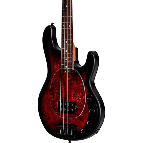 Sterling by Music Man StingRay RAY34 Poplar Burl Top Bass Dark Scarlet Burst Satin