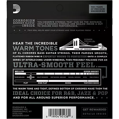 D'Addario ECB81M Chromes Flat Wound Electric Bass Strings Light Medium Scale