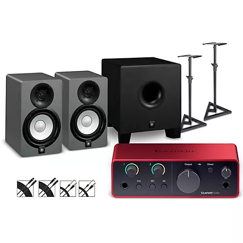 Focusrite Scarlett Solo Gen 4 with Yamaha HS Studio Monitor Pair & HS8S Subwoofer Bundle (Stands & Cables Included) HS8