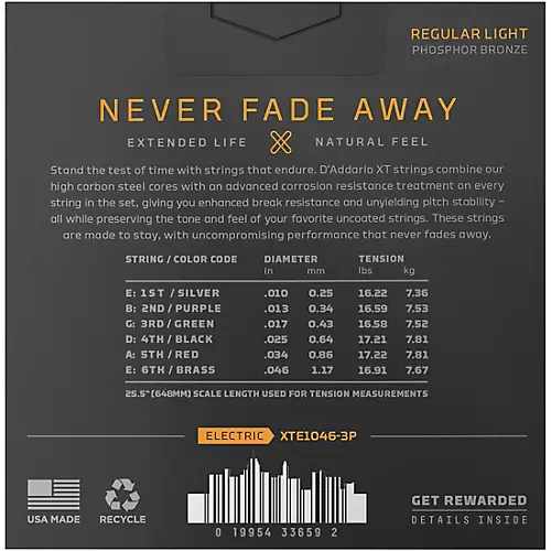 D'Addario XT Nickel Plated Steel Electric Guitar Strings, 10-46, Light 3-Pack