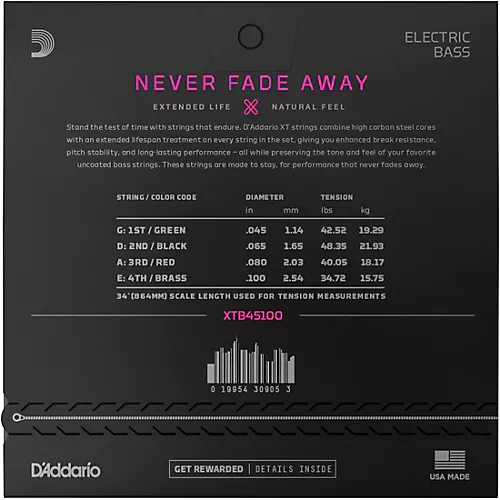 D'Addario XT Electric Bass Coated Nickel, Regular Light Long Scale 45-100