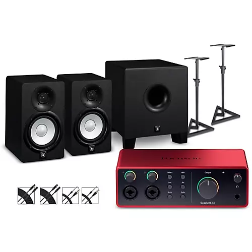 Focusrite Scarlett 4i4 Gen 4 With Yamaha HS Studio Monitor Pair & HS8S Subwoofer Bundle (Stands & Cables Included) HS8