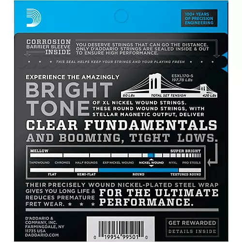 D'Addario EXL170-5 XL Nickel Round Wound 5-String Long Bass Strings