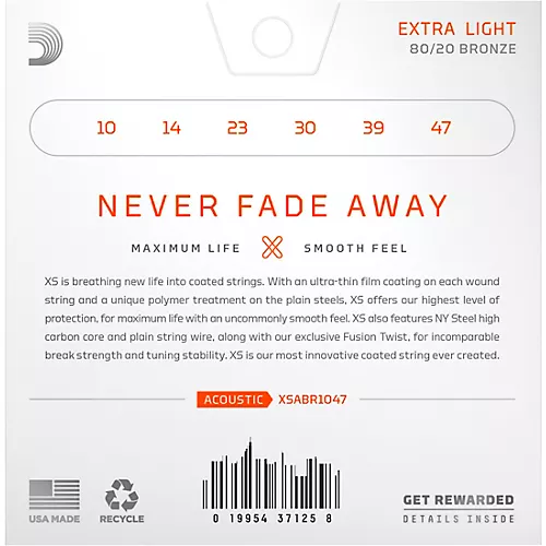 D'Addario XS Acoustic 80/20 Bronze Coated Guitar Strings Light Top/Medium Bottom (12-56)